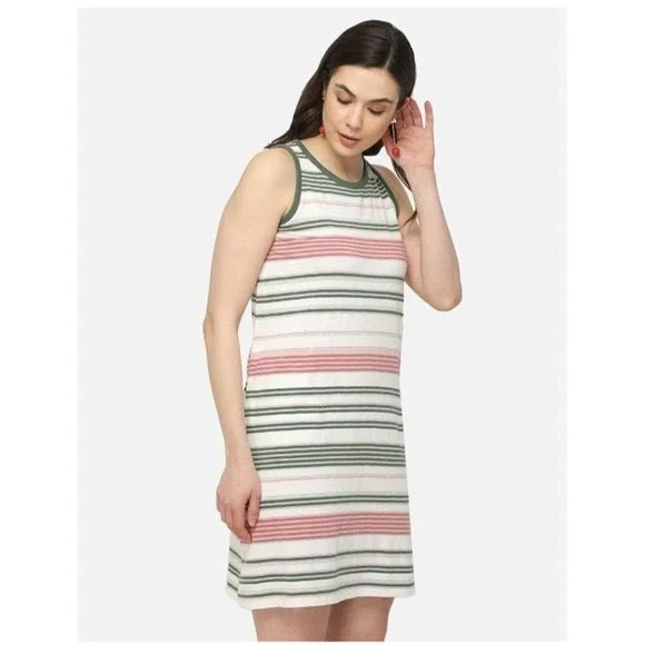 J Jill Women's Tank Dress Green Pink Striped Casual Preppy Lightweight Medium - Picture 2 of 12
